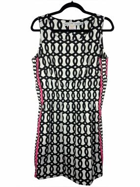 Gretchen Scott Black White Geometric Print Dress Pink Trim Large